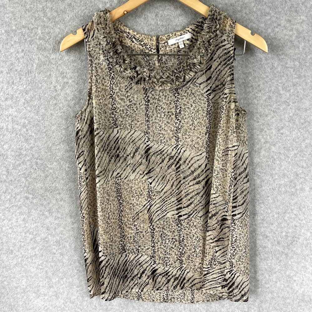 Mystree Sheer Blouse Size S Multi Animal Print Sleeveless Top Ruffle Neck Top